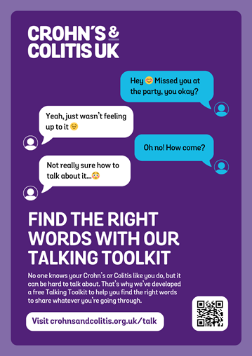 Poster for the Find the right words campaign. Image shows a text conversation between two people with one struggling to talk about their experience.
