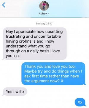 A screenshot of a text conversation between Abbey and Paul after Abbey used the 'In My Shoes' app.