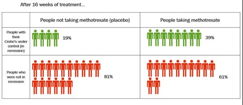 Graphic showing percentages of people in remission after 16 weeks of methotrexate treatment.