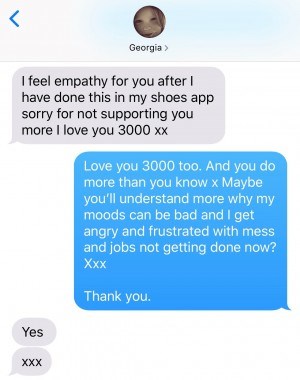 A screenshot of a text conversation from Georgia to Paul expressing empathy for him after using 'In My Shoes' app