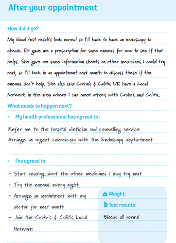 Crohn's & Colitis UK's 'My Appointments Journal' - post-appointment example page
