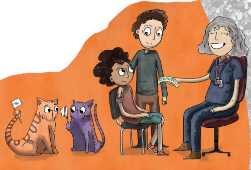 illustration of people and cats at doctor
