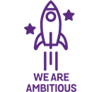 Cartoon rocket and stars. Text reads "we are ambitious"