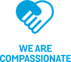 Cartoon of two hands together making a heart. Text reads "we are compassionate"