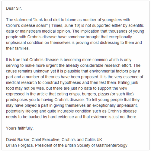 Crohn’s and Colitis UK hits back at junk food media reports