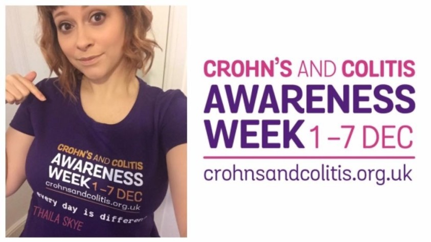 Thaila Skye wearing Crohn's and Colitis Awareness Week t-shirt. Text to the right reads "Crohn's and Colitis Awareness Week 1-7 DEC crohnsandcolitis.org.uk"