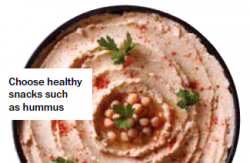 Bowl of hummus with the caption "Choose healthy snacks such as hummus".