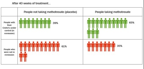 Graphic showing percentages of people in remission after 40 weeks of methotrexate treatment.